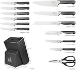 CHUSHIJI 15-Piece Knife Set, Kitchen Knife Block Set with Built-in Sharpener, German Stainless Steel, Anti-Slip Handle, Dishwasher Safe, Grey with Gift Box