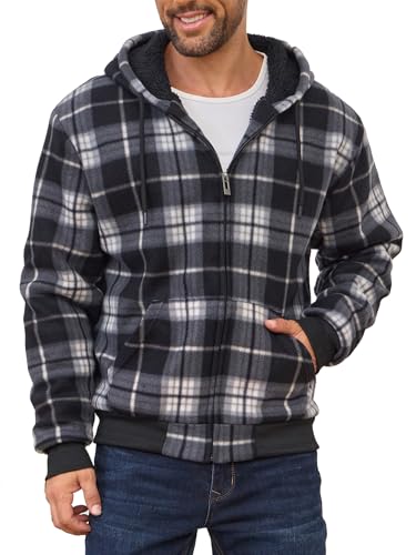 Men's Flannel Hooded Jacket Fleece Sherpa Lined Plaid Shirts Jackets Coat Full Zip Up Hoodie Winter Outwear Black/White L