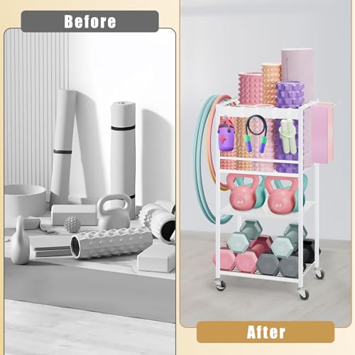 Home Gym Storage Rack, Yoga Mat Storage Racks, Workout Equipment Storage Organizer for Yoga Ball Dumbbell Kettlebells Foam Roller Resistance Bands, Exercise Shelf with Hooks and Wheels - Thumbnail 4