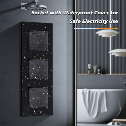 BSEED Unterputz Steckdose mit 20W USB und Typ C Port, Glas Wandsteckdose mit Wasserdicht Abdeckung Ideal f&uuml;r Feuchtr&auml;ume Outdoor und Indoor Verwendung, 228mm 3 Fach Schwarz