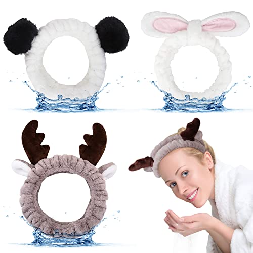 FUKPO Lot de 3 bandeaux de maquillage - Avec oreilles de lapin - Pour femme, fille - Bandeau élastique pour maquillage, spa, douche, lavage du visage, yoga