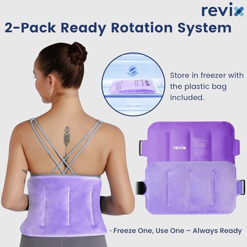 Image of REVIX Ice Pack for Injuries Reusable Gel for Lower Back & Shoulder, Purple | 16x9in Full Coverage for Lower Back, Shoulder, Hip & Knee, Cold Compress Therapy, Hands-free Strap, Long-lasting Gel, 2 Packs