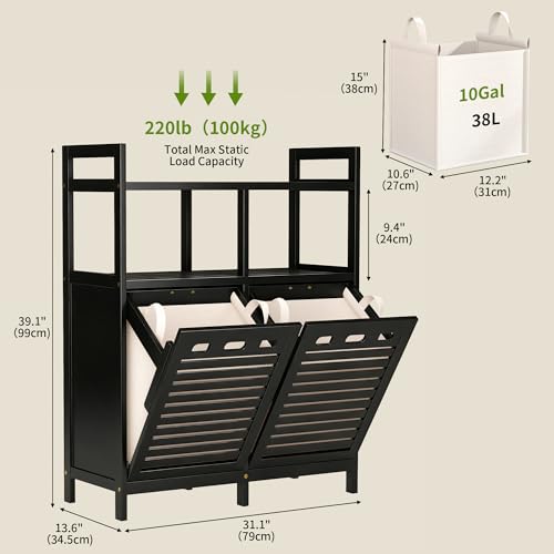VASMIA Tilt Out Laundry Hamper Cabinet, Bamboo Double Laundry Hamper with 2 Removable Laundry Baskets, 20 Gal Laundry Sorter Organizer with Shelf for Dirty Clothes, Bathroom, Laundry Room, Natural by VASMIA - Image 2