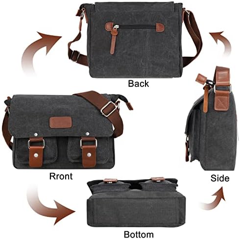 Laptop Bag 14 inch Mens Canvas Leather Messenger Bags Briefcase Crossbody Satchel Shoulder School Bag Travel Hiking Camping Bag ipad Bag Book Bag Satchel School Bag, 32 x 10 x 27cm