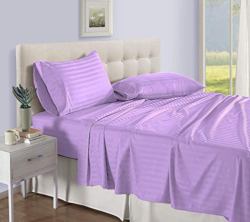4 Piece Stiped Sheet Set, 10 Inch Deep Pocket, Queen-Lilac