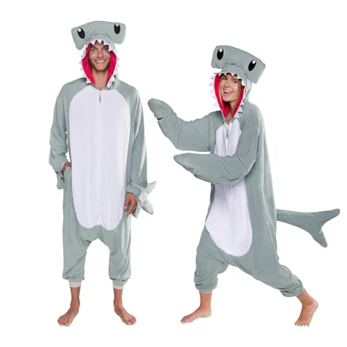 Funziez! Unisex Hammerhead Shark Animal Pajamas - One Piece Plush Novelty Cosplay Costume Jumpsuit for Adults - Grey - Large