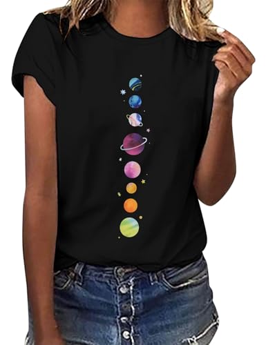 Lonya Tshirt Damen Sommer Oberteile Tops Kurzarm Rundhals Basic Lässig Shirt Bedrucken Lassen Schwarz Tee Shirts Planet,M