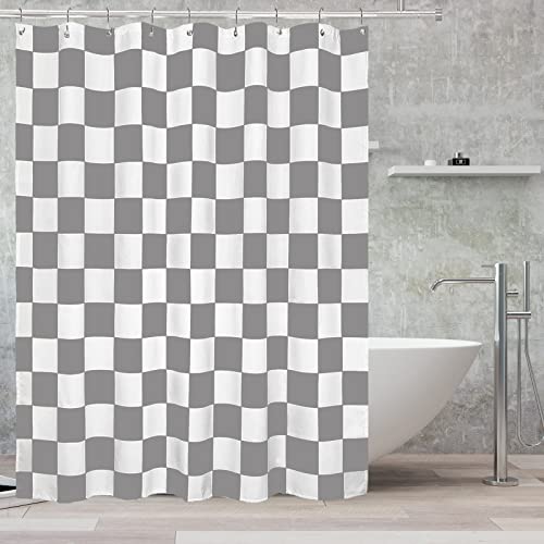 Tititex Aesthetic Checkerboard Grid Pattern Faux Linen Fabric Shower Curtain, White Gray Modern Shower Curtain Sets Decoration 71x71 Inch with 12 Hooks