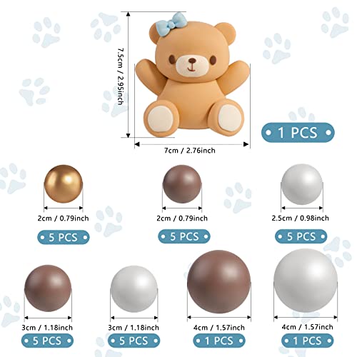 3D Bear Balls Cake Toppers Brown Teddy Bear For Baby Shower Birthday Party Wedding Anniversary Cake Decorations,28 Pcs (Blue Bowknot Bear) #TOP6