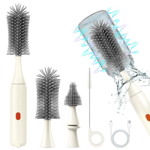 Image of Electric Bottle Brush Cleaner, Rechargeable Electric Baby Bottle Brush Cleaner with 2 Speeds, Silicone Bottle & Straw Brush, Waterproof Portable Baby Bottle Cleaner Kit for Travel & Home, White