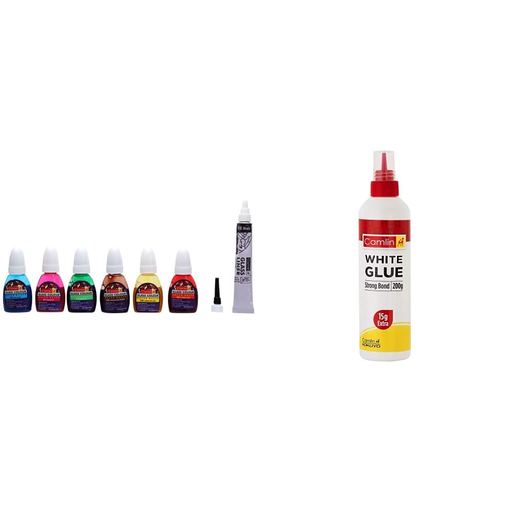 Camel Water Based Glass Color - 10Ml Each, 6 Shades & Camlin Strong Bond Glue (White) 200G With 15G Extra