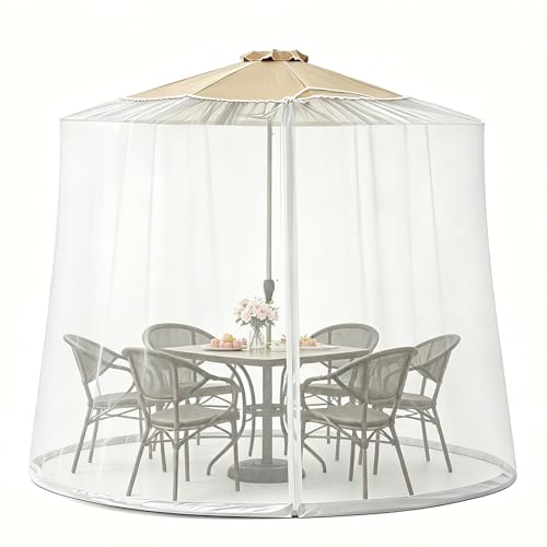 CEAWTUMY 9-11 FT Outdoor Mosquito Netting for Patio Windproof Universal Umbrella Mosquito Net for Patio Garden Backyards Polyester Mesh Outdoor Umbrella Screen with Zipper (White)