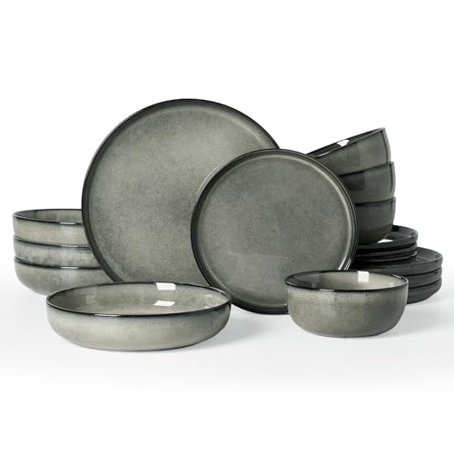 Image of Famiware Milkyway Stoneware Dinnerware Set, 16-Piece, Including Pasta Bowl, Double Reactive Glaze, Plates and Bowls, Service for 4, Microwave and Dishwasher Safe, Scratch-Resistant, Greenish Brown