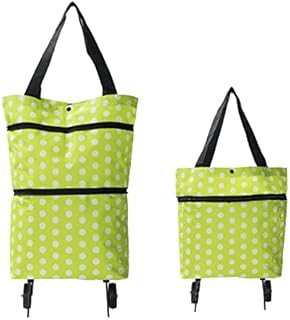 ColdShine Collapsible Trolley Bags 2 In 1 Two-Stage Foldable Shopping Trolley with Wheels Multifunctional Oxford Cloth Reusable Folding Shopping Cart for Women Home Supermarket (Green Dot)
