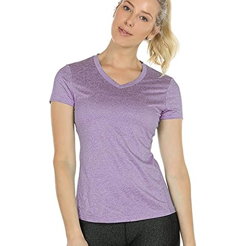 icyzone Damen Sport T-Shirt Kurzarm V-Ausschnitt Laufshirt Atmungsaktive Fitness Gym Funktions Shirt (L, Lavendel) Cover