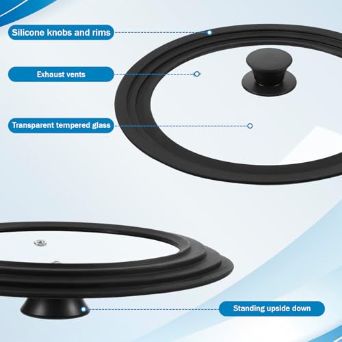 Ptwola 3PCS Universal Pot Lids for Pans and Skillets, Tempered Glass Replacement Cast Iron Frying Pan Cover with Heat Resistant Silicone Rim, Fits All 6\" to 12\" Diameter Cookware