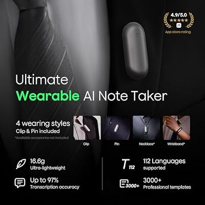 Plaud NotePin AI Voice Recorder, Voice Recorder with Additional Charging Set, Transcribe & Summarize with AI Technology, 64GB Memory