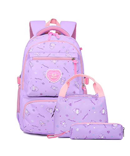 3Pcs Elementary Girls Bookbag Rucksack Primary School Backpack Set with Lunch Kits, Girls-purple, Pretty girl prints, Laptop