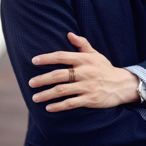 King Will 8mm Mens Tungsten Wedding Band Gorgeous Golden/Silver/Brown Flat Pipe Cut Carbide Ring Yellow/White/Mocha Green Sand Inlay Men's Engagement Ring Matte Brushed Finish Comfort Fit Size 7-144