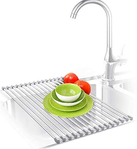 Roll Up Dish Drying Rack, Over The Sink Dish Drying Mat, Large Silicone Stainless Steel Dishes Drainer, Foldable Drain Rack for Kitchen 17.8" L x 11.3" (Gray)