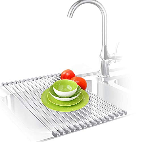 Roll Up Dish Drying Rack, Over The Sink Dish Drying Mat, Large Silicone Stainless Steel Dishes Drainer, Foldable Drain Rack For Kitchen 17.8" L X 11.3" (Gray) #TOP11
