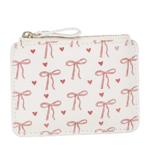 Valicaer Portemonnaie Damen Klein Ultradünn Mit Reißverschluss, Elegantes Weißes Kartenetui Mit Rosa Schleife Design, Schlanke Geldbörse Für Damen,Mini Portemonnaie Damen (Weiß)