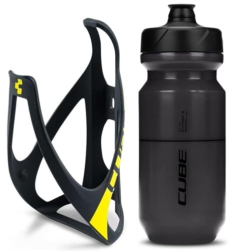 Cube HPP Cage - Matt Black/Yellow & Flow Bottle - Black, 500ml / Water Drink Flask Vessel Bidon Holder Mount Bracket Kit Lightweight Plastic Drinking Hydration Biking Bike Riding Frame Accessories