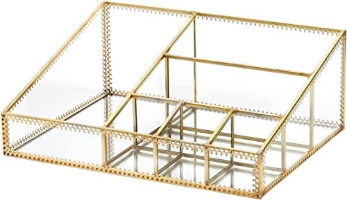Jucoan Vintage Gold Makeup Organizer, Brass Metal and Glass Cosmetic Jewelry Display Case with 6 Compartment, Bathroom Vanity Dresser Countertop Makeup Holder for Brushes Lipsticks Skincare Toner