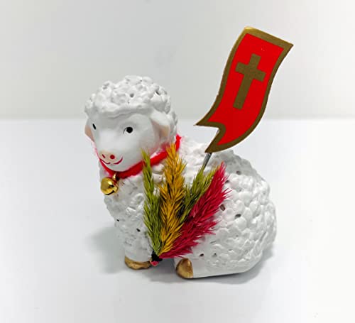 AM Decor Polish Traditional Small Easter Lamb Figurine with Flag and Palm (Baranek Wielkanocny), (Gypsum, Small)