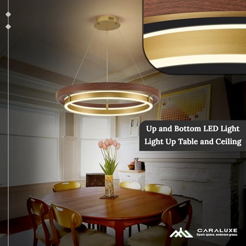 Image of LED 2 Ring Brass Gold Chandelier Dimmable Up Down Light Gold Walnut Wood