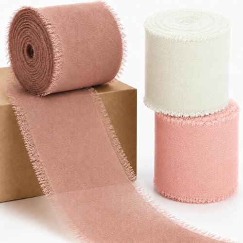 Pink Nude Ivory Chiffon Ribbon, 3 Rolls 1.5 inch x 16.5 Yard Handmade Fringe Chiffon Ribbons, Frayed Edge Silk Ribbon for Gift Wrapping, Wedding Invitations, Bridal Bouquets, DIY Crafts and Home Decor