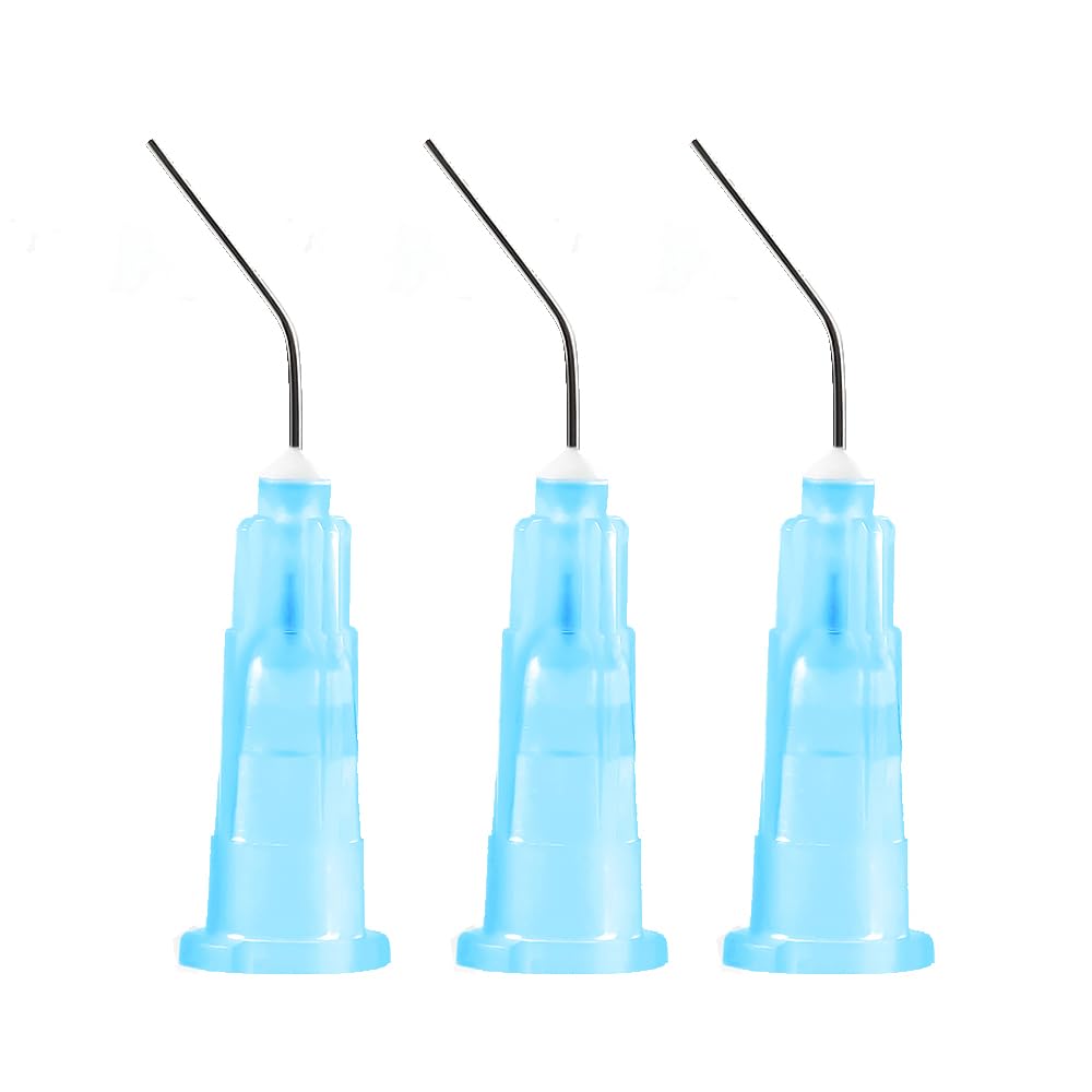 JMU 100Pcs Bent Dispensing Tips 25g, Blunt Tip Dispensing Needle, Dental Pre Bent Disposable Oral Irrigation Needle Tips, Light Blue