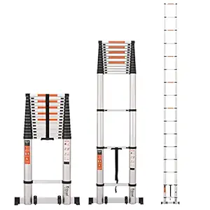 Equal 23.6 FT. Aluminium Telescopic Ladder/Collapsible Extension Ladder with Locking Mechanism for Outdoor with Stabliser Bar w/Wheels; EN131 Certified (7.2m/16 Step)