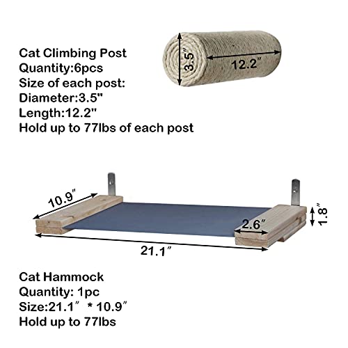 LAZZO Wall Mounted Cat Shelves Set, Sisal Cat Scratching Post Steps (6pcs) with Cat Hammock (1pcs), Float Perch Pet Bed Furniture Shelf Set for Climbing&Playing&Lounging