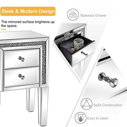 Image of VINGLI Mirror Nightstand with Drawer, Silver Mirrored Glass End Table, Crushed Diamond Glitter for Small Spaces /Bedroom /Living Room