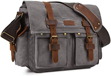Kattee Retro Unisex Canvas Leather Messenger Shoulder Bag Fits 13.3" Laptop