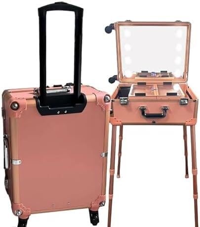 ININOSNP Profesional de Gran tamaño Estuche de tocador con Ruedas Estuche de tocador con Ruedas y Soporte Tocador de Viaje con Espejo y 8 Luces LED(Rose Gold)