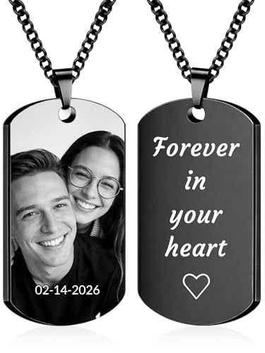BEXOA Picture Necklace Personalized Photo, Custom Engraved Dog Tag Necklaces for Men Women Gifts (Engraving - Image & Text)