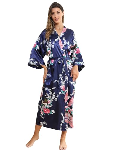 Horezsie Women's Long Silk Robe Floral Long Satin Robe Bridal Robes Long Dressing Gown