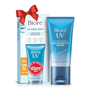 Biore UV Aqua Rich Daily Hydrating Facial Moisturizer with SPF 50 | Oil Free Sunscreen & Primer for Makeup with Hyaluronic Acid, No White Cast, Non-Comedogenic, For Sensitive Skin, PA++++, 1.7 Oz