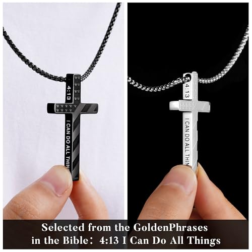 M MOOHAM 2 Pcs Silver Black Cross Necklace for Men Boys - Stainless Steel Bible Verse Cross Chain Pendant Necklaces for Men American Flag Religious Christian First Communion Jewelry Gift 18-24 Inches2
