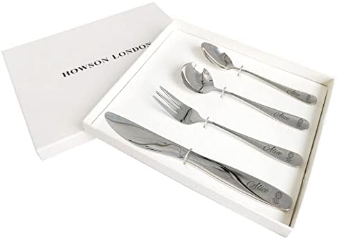 Personalised Cutlery Set for Children Engraved Knife Fork Spoon 4pcs Stainless Steel for Kids Toddler Cutlery Set Gifts with Any Name in Gift Box Engraved Monkey Lion Giraffe Image 01