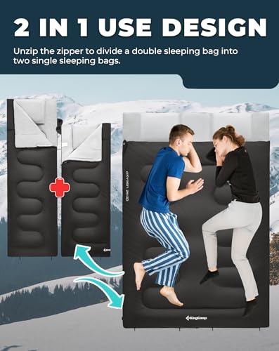 KingCamp Double Sleeping Bag for Adults with 2 Pillows 220 x 150cm King Size Extra Large Wide Waterproof Rectangular Sleeping Bag for Camping Hiking Indoor Outdoor - Image 5