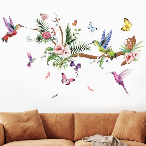 Zonon 3 Sheets Hummingbirds Wall Stickers Murals Peel Decals Birds Tree Flower Butterfly Window Sticker Vinyl Wall Decor Self-Adhesive Waterproof Removable Art Clings for Living Room Bedroom Bathroom