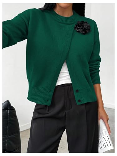 Image of MakeMeChic Women's Wrap Cardigan Sweater Flower Button Down Pullovers Tops Green Small