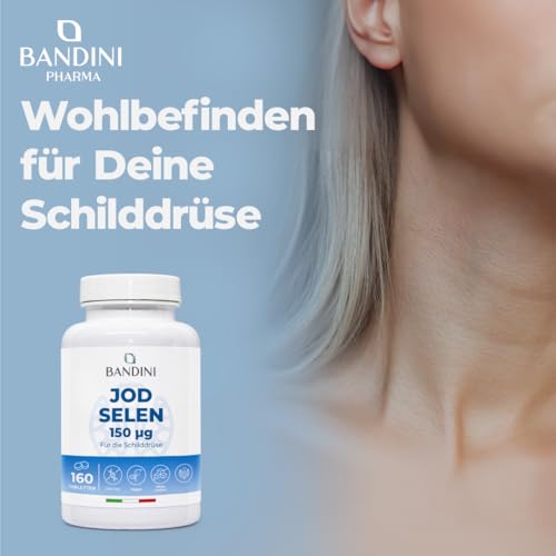 Bandini® Jod & Selen | Hochdosiert mit 150µg Kaliumiodid + 100µg Selen je Tagesdosis (2 Tab) | Hochwertige Selenium Quelle L-Methionin | Laborgeprüft, vegan | 160 Tabletten/80 Tage Vorrat
