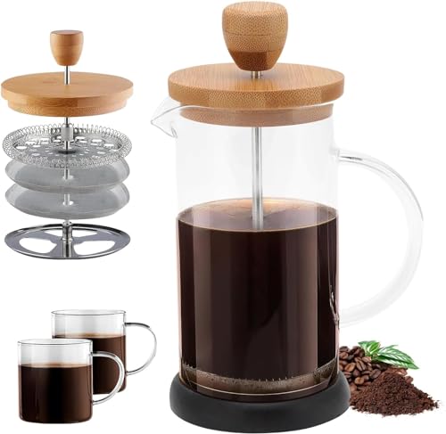 Topyond French Press Glass Coffee Maker, Heat-Resistant Glass, 20oz Bamboo Lid Coffee Press, Tea Press for Loose Tea with Brewer Filtering Function, for Home and Office (600ml