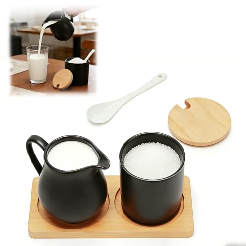 CnosDB Milch und Zucker Set Keramik MilchkäNnchen und Zuckerdose mit Deckel LöFfel Zucker und Milch Set mit Bambustablett Mikrowellen- und SpüLmaschinenfest