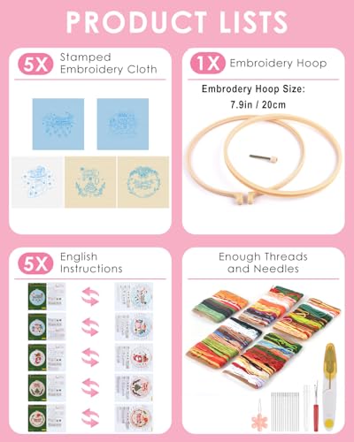 Image of TINDTOP Christmas Embroidery Kit for Adult, 5 Pack Embroidery DIY Starter Kit, with Stamped Patterns, Hoop, Tools, Colorful Threads with Needles, Instructions | 5 Pack with Stamped Patterns, Hoop, Tools, Colorful Threads with Needles, Instructions