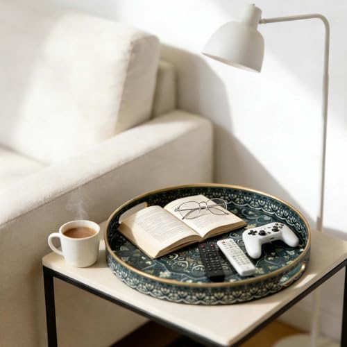 Fuukou Round Serving Tray with Handles - Large Round Ottoman Tray Coffee Table Tray,Plastic Decorative Serving Trays for Coffee Table,Round Boho Tray for Ottoman Living Room by Fuukou - Image 6